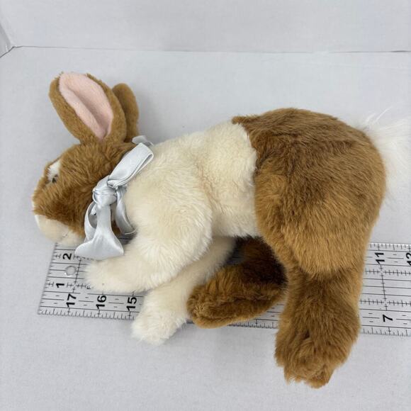 Kids of America Bunny Plush Brown White Crouching Rabbit Satin Bow 10 Inch - Picture 6 of 8